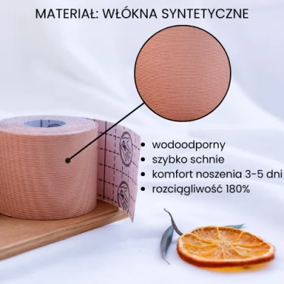 Zbliżenie na włókna syntetyczne tejpów 5e ACTION w kolorze beżowym – wodoodporne i szybkoschnące.